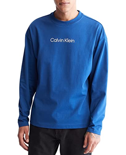 Calvin Klein Men's Relaxed Fit Standard Logo Crewneck Long Sleeve Tee, Blue Herald, Extra Large #TOP22
