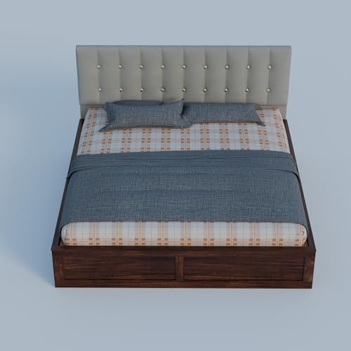 Image of Sheesham Wood King Size Bed with Storage Box | Upholstered Beds | Platform Cot with Cushioned Headboard | Double Bed for Home | Recommended Mattress 78x72 Inch | Grey & Walnut Finish