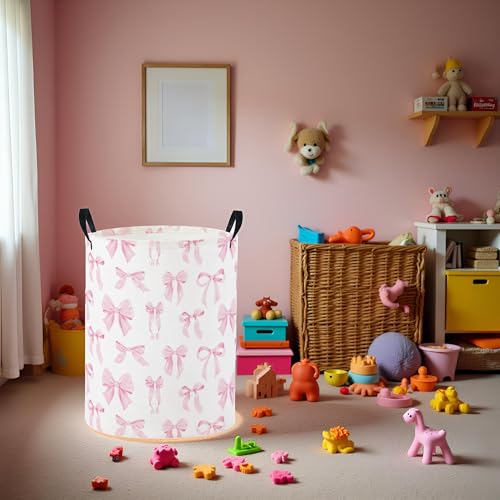 Image of Baby Laundry Basket Baby Nursery Hamper Kids Laundry Basket Toy Storage Bin for Boys Room Decor Gift Baskets for Bedroom Bathroom(Pink Bowknot)