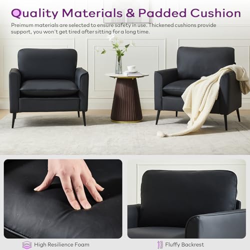 Image of TYBOATLE Accent Chairs Set of 2, Black Faux Leather Chairs, Mid Century Modern Comfy Living Room Chairs, Cozy Office Reading Chair, Reception Armchairs for Bedroom, Waiting Room