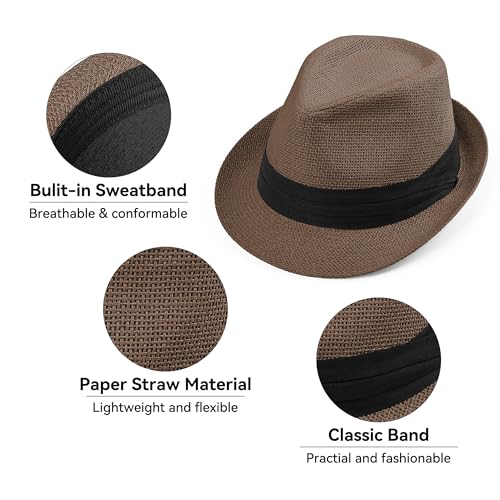 Image of Straw Trilby Fedora Hat for Men Women 1920s Panama Hat Short Brim Summer Beach Sun Hat with Band