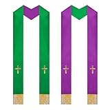 Klerikale Stola für Klerus, mit Quasten und Stickerei auf beiden Seiten, Unisex, Stola für Klerusminister und Kirche, zur Taufe, Beerdigung und Konfirmation, Grün Lila, riferimento alla