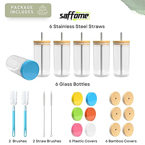 Saffome 6 Pack Glass Mug Set - Drinking Glasses Tumbler, 24Oz Reusable Boba Tea Cups With Bamboo Lids, Travel Tumbler Bottle, Non-Slip Glasses For Iced Coffee, Smoothie #TOP1