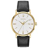 Bulova Classic Quartz Mens Watch, Stainless Steel with Black Leather Strap, Gold-Tone (Model: 97B172