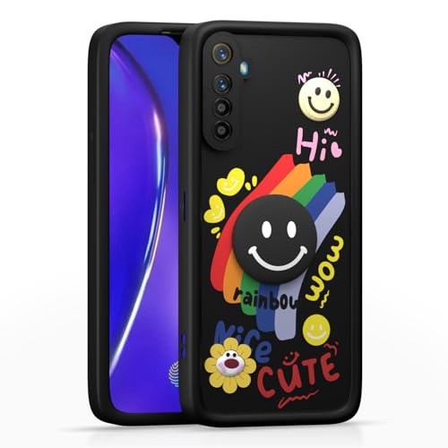 Image of Pikkme Back Cover for Realme XT /Realme X2 | Soft Silicone| Cute Rainbow Smile & 3D Cartoon Flower Design | Shockproof Raised Camera Protection Bumper Case (Black)