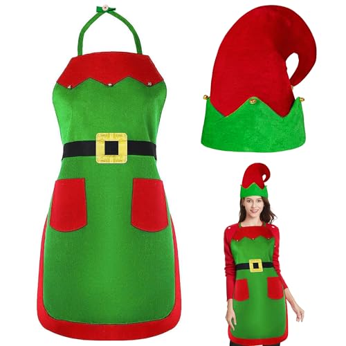 Yezmo Christmas Elf Apron and Hat Set, Elf Costume Adults Women with Elf Hat Apron for Christmas Party (Red)