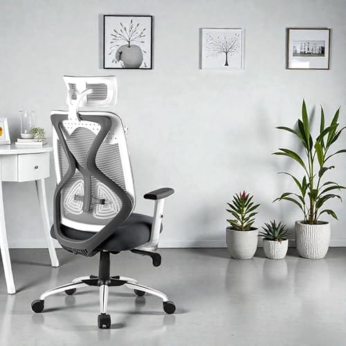 Image of Ergonomic Mesh Office Chair with Adjustable Headrest, Breathable Back, Height Adjustable Seat, Armrests & 360 Swivel for Home & Office(Grey & White)