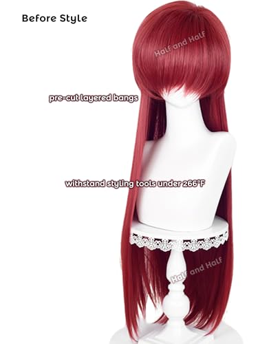 Image of Half and Half Gre-ll Cosplay Wig Long Straight Red Anime Wig with Layered Bangs 35.4'' Deep Red Death Costume Wigs Rose Red Male Women Wig for Halloween Party Costumes