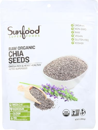 Sunfood Superfoods Raw Organic Chia Seeds - Chia Seeds Organic, Dry Chia Seeds Bulk, Perfect for Chia Pudding, Smoothies, Yogurt, USDA Organic, Non GMO, Raw, Vegan - 1 lb Bag
