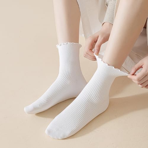 Image of Ruffle Ankle Socks for Women, Cute Casual Lettuce Edge Frilly Crew Socks Breathable Lightweight Daily Socks