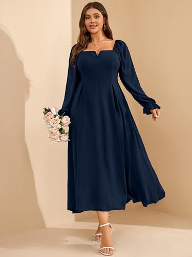 RWJ Long Sleeve Dress for Women 2025 Fall V Neck Elegant Flowy Plus Size Formal Wedding Guest Maxi Dresses with Pockets3