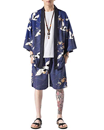 PRIJOUHE Japanese Kimono For Men Lightweight Open Front Kimono Bathrobe With Shorts 2 piece Summer Beach Outfits3