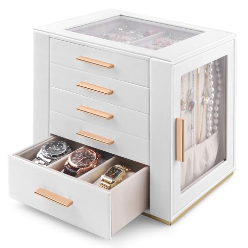 Homeanda Grande boîte de rangement de bijoux pour femme – Étui de rangement à 2 couches en cuir synthétique pour bagues, boucles d'oreilles, colliers, bracelets, montres et accessoires pour cheveux