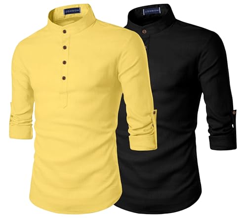Image of Zombom Men's Combo Cotton Polyester Blend Solid Full Sleeve Straight Regular Fit Mandarin /Chinese Collor Kurta (Pack of 2)