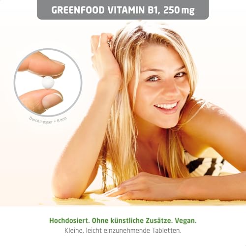 Vitamin B1, hochdosiert, 250mg - 180 Tabletten, vegan. Vitamin B 1 (Thiamin) - wichtig für für Nervensystem & Energiehaushalt. OHNE künstliche Zusätze - laborgeprüft. Von Greenfood.