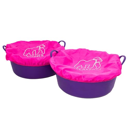 Image of Red Gorilla Fabric Tub Covers Twin Pack Breakfast and Dinner in Pink Elasticated Stretch Durable Polyester Ideal for Animal Feed Buckets or Tubs Showerproof Size M-L