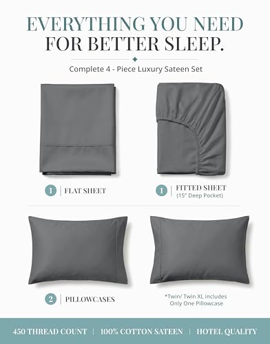 Image of LANE LINEN King Size Bed Sheets Set - 450 Thread Count Sateen Weave for Smooth & Silky Feel On Skin - Breathable 100% Cotton Sheets for Single Beds - Fits Mattresses Upto 15'' Deep - Charcoal