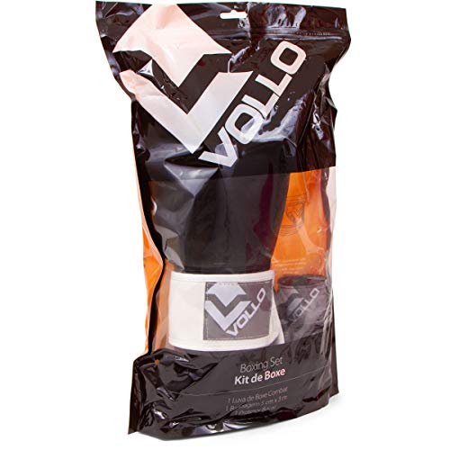 Kit de Boxe (1 Luva, 2 Bandagens, 1 Protetor Bucal), Vollo Sports, Preto, 10 oz