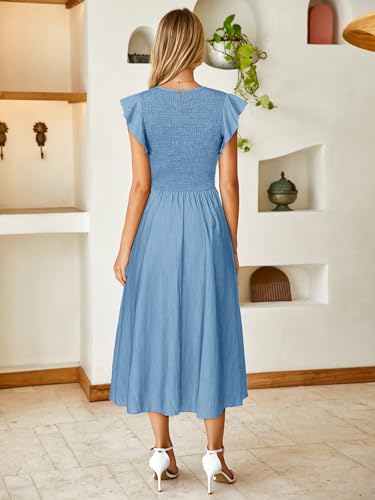 Image of Simplee Womens Striped Midi Summer Dress Linen Smocked Flutter Short Sleeve Dress Flowy Casual Dress with Pockets