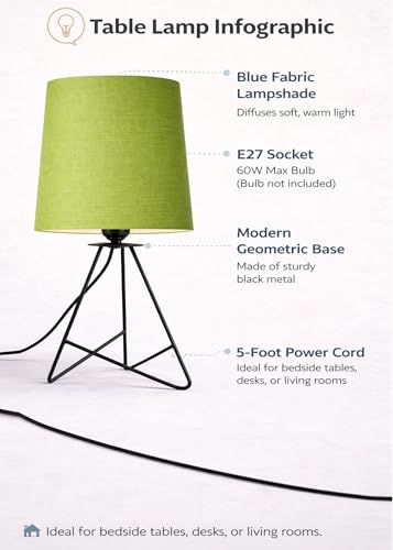 Image of Modern Black Tripod Table Lamp with Taper Fabric Shade | Metal Base Bedside Lamp for Bedroom, Living Room, Study, Office & Nightstand | Decorative Table Light (Green)
