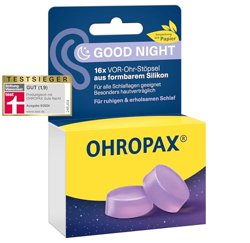 OHROPAX Good Night Ohrstöpsel – VOR-Ohr-Stöpsel aus formbarem Silikon – für alle Ohren und Schlafpositionen geeignet – Schalldämmwert SNR 23 dB – für einen ruhigen und erholsamen Schlaf – 16 Stück