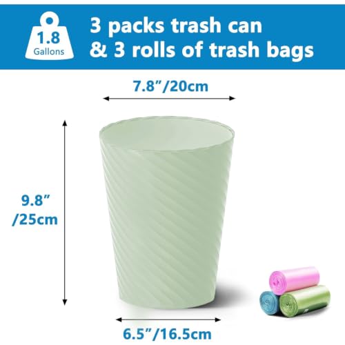 Image of Bathroom Trash Can, 3 Pack 1.8 Gallons Small Trash Can with Trash Bags, Bathroom Garbage Can, Plastic Trash Bin, Round Waste Basket for Living Room, Office, Compact Space (White & Mint & Apricot)