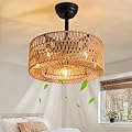 APBEAMLighting Boho Caged Ceiling Fan with Light, 18 inch Rattan Ceiling Fan with Light, Boho Fandelier, Farmhouse Fandelier Low Profile Cei ling Fan for Bedroom Kitchen Living Room Kids Room