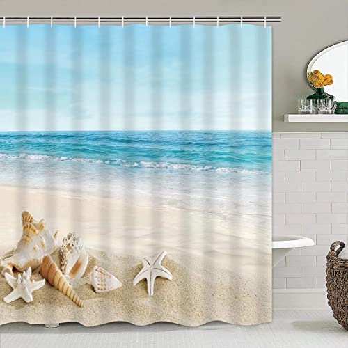 4Pcs Summer Beach Shower Curtain Sets Sea Ocean Bathroom Set Decor With Non-Slip Rugs Bath U-Shaped Mat Toilet Lid Cover Waterproof Starfish Shell Bathroom Curtain Shower Set With 12 Hooks, 70.8×70.8 #TOP1