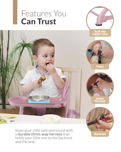 Image of Feed Me 3-in-1 Travel High Chair Booster Seat for Infants and Toddlers - Transitional, Compact & Fits Any Chair, Swivel Tray, Rose Tea