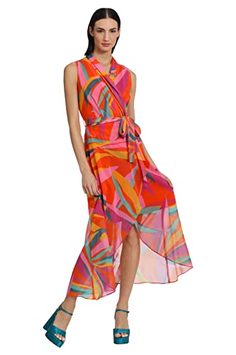 Image of Donna Morgan Women's Donna Morgan Women's Dresses Faux Wrap Shawl Collar High-Low Dress with Waist Tie