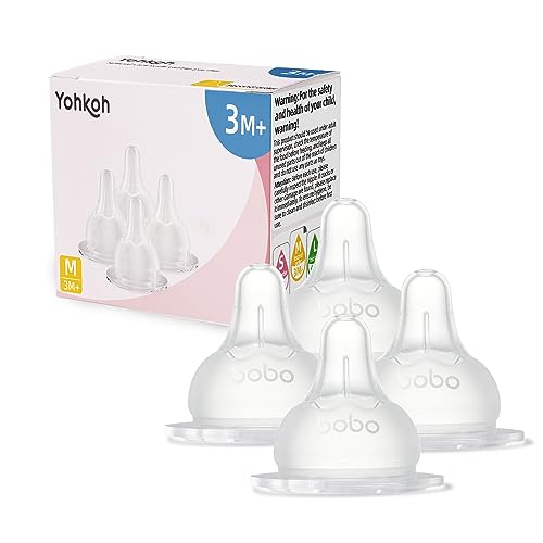 Image of YOHKOH Baby Bottle Nipples for Wide Neck Bottles, 100% Natural Feel Silicone Nipples, BPA-Free (3m+, M, 4 Counts)