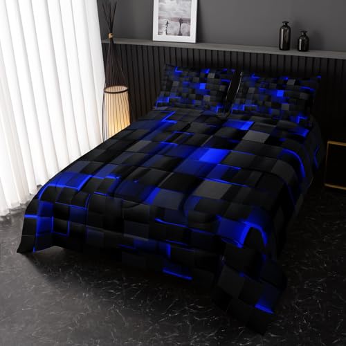 Image of Nttopship Neon Blue Black Comforter Set King Geometric Kids Bedding Set,3 PCS Geometry Honeycomb Bed Set Modern Quilt Set 1 Comforter 2 Pillow Cases Cool Room Decor All Season B-Side Black