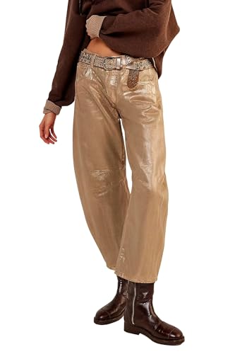 Kedera Women's Shiny Metallic Barrel Jeans - Straight Wide Leg Glitter Denim Pants - Y2K Disco Horseshoe Trousers