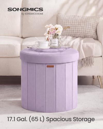 Image of SONGMICS Mazie Collection - Round Storage Ottoman, Folding Footrest Stool with Removable Lid, Easy Assembly, Velvet Vanity Stool for Bedroom, Living Room, Entryway, Purple ULSF608PE01
