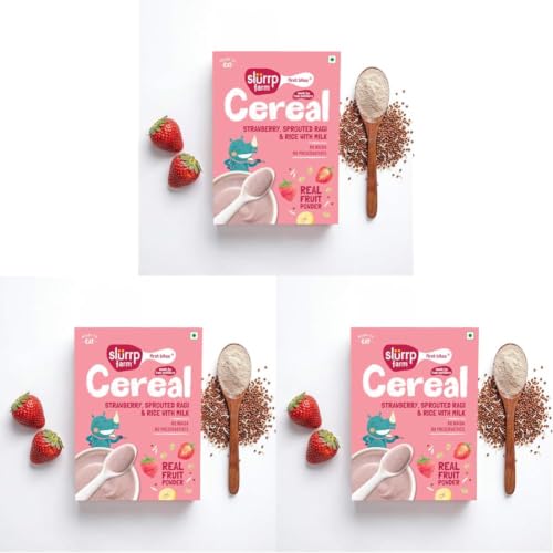 Image of Slurrp Farm First Bites Strawberry, Sprouted Ragi and Rice Cereal with Milk I Instant Cereal for Little Ones | with No Added Sugar I 10X Calcium of Wheat and Rice | 200g (Pack of 3)
