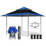 EAGLE PEAK Schräge Beine Faltbar Pavillon 4x4m Wasserdicht Camping Pop-up Faltpavillon mit Seitenteil, inkl. Rucksack, Blau/Schwarz