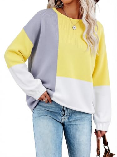 Image of ECOWISH Women Sweater Long Sleeve Color Block Knit Pullover Sweaters Crew Neck Patchwork Casual Loose Jumper Tops