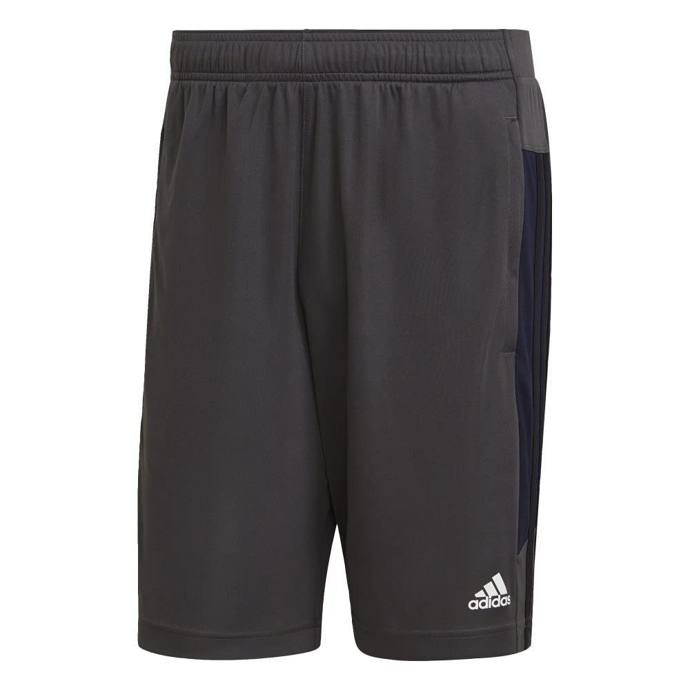 adidas Mens 3 Stripe Shorts with Zipper Pockets (Grey/Black, X-Large)