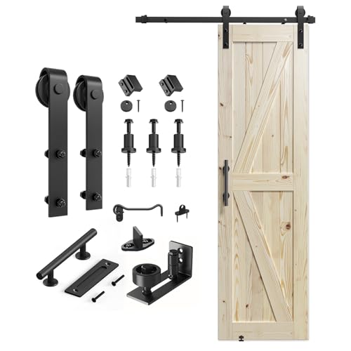 Image of SMARTSTANDARD 24in x 84in Sliding Barn Door with 4ft Barn Door Hardware Kit Included, Unfinished Solid Spruce Wood Door, Assembly Required, DIY, Stainable, Natural