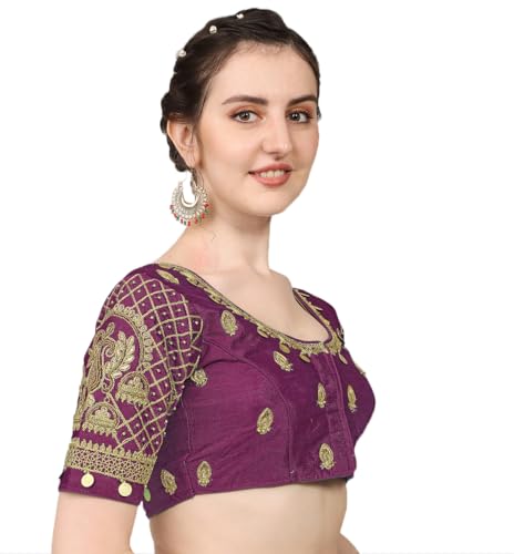 Pujia Mills Women's Multicolour Phantom Silk Embroidery Maggam Work Coin Sleeves Readymade Saree Blouse for Lehenga Choli