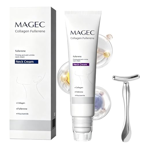 Magec Collagen, Magic Collagen Fullerene Neck Cream, Magec Crema Para El Cuello, with Roller, for Crepey Skin, with Collagen Peptides, for Neck Firming, Wrinkles and Tightening, 50g/1.77oz (1Pc)