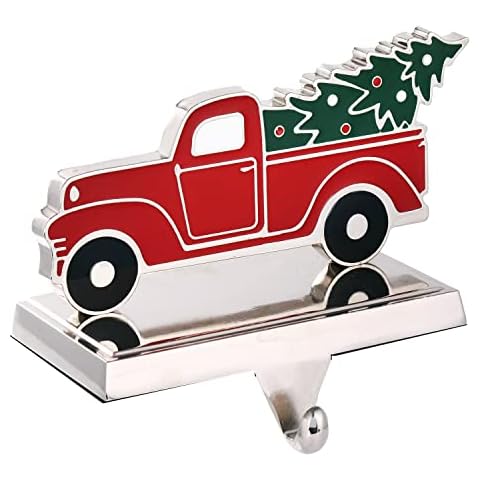 Red Truck Christmas Stocking Holders for Mantle,Truck Stocking Hanger for Fireplace,Christmas Mantel Clip Hanger for Stocking/Garland,Metal Stocking Hooks for Xmas Decor (Classic Truck) Cover