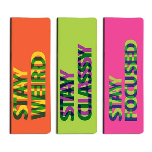 MoreCurry Stay Focused-Classy-Weird Slim Notebooks, Set of 3, Size 2.9" x 8", 60 unruled pages, Cool and Offbeat, Perfect for lists and doodling