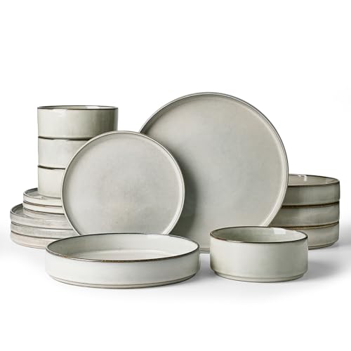 Image of Famiware Annecy Plates and Bowls Sets, Service for 4 (16 Pieces), Dinnerware Sets with Pasta Bowls, Microwave and Dishwasher Safe Dishes Set, Chip and Scratch Resistant, Grey White