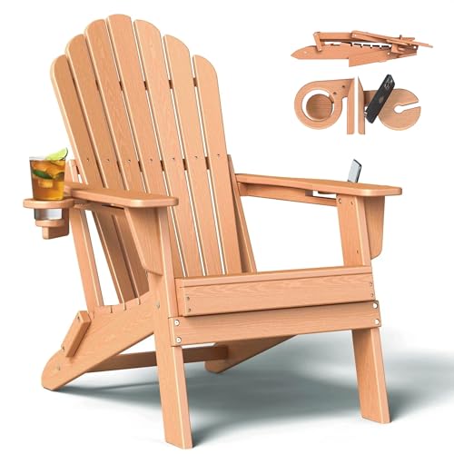 Oversized Adirondack Chair with Dual Cup Holders, Ergonomic High Back HDPE Fire Pit Chair, 380lbs Capacity All-Weather Outdoor Patio Lounge Chair for Garden, Deck, Yard - Cedar