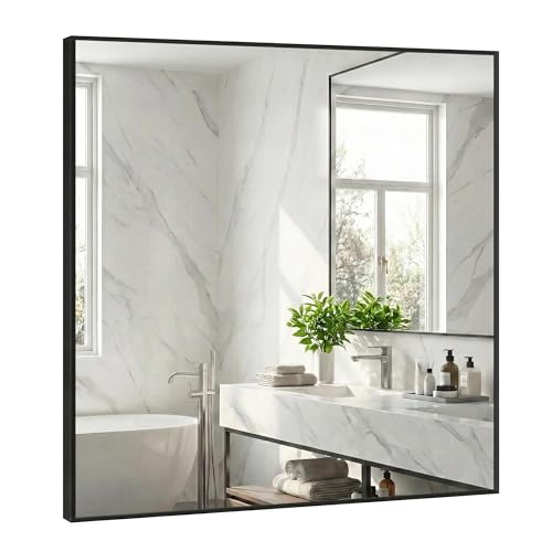 Pocetry 30''x30'' Square Black Bathroom Mirror, Matte Metal Framed Wall