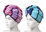 Anller 2 Pack 100% Cotton Hair Towel Wrap, Hair Drying Towel with Button for Women, Dry Hair Hat, Shower Head Towel (red & Blue)
