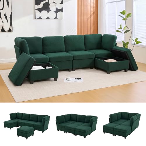 LVHOM 113.39" Modular Sectional Sofa, 6 Seaters Sectional Sleeper Sofa, U Shaped Couch, Comfy Convertible Couches with Ottomans, Oversized Modular Sofa with Large Storage for Living Room (Emerald)