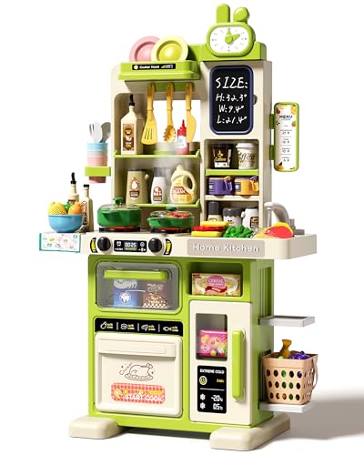 33.8IN Kids Kitchen Playset, 70PCS Kid Play Kitchen with Realistic Lights & Sounds, Spray Sink Toy Kitchen Accessories, Pretend Food Toys Kitchen for Boys Girls Toddlers Age 1-3(Green)