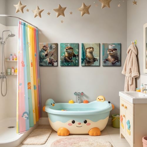 Image of Frimeeme 4 Piece Framed Funny Otter Bathroom Canvas Wall Art
